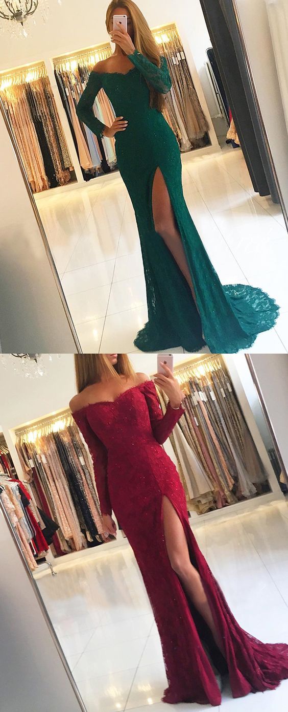 Mermaid Off The Shoulder Split Front Green Lace Prom Dress With Beading M2024