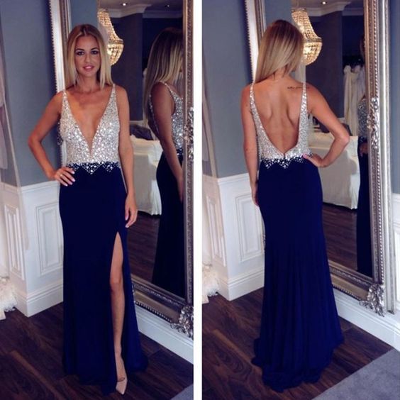Navy Blue Sparkly Prom Dresses Long For Girls Side Slit Luxury Prom Woman Evening Dresses Party For Graduation Promdress Gown M2025