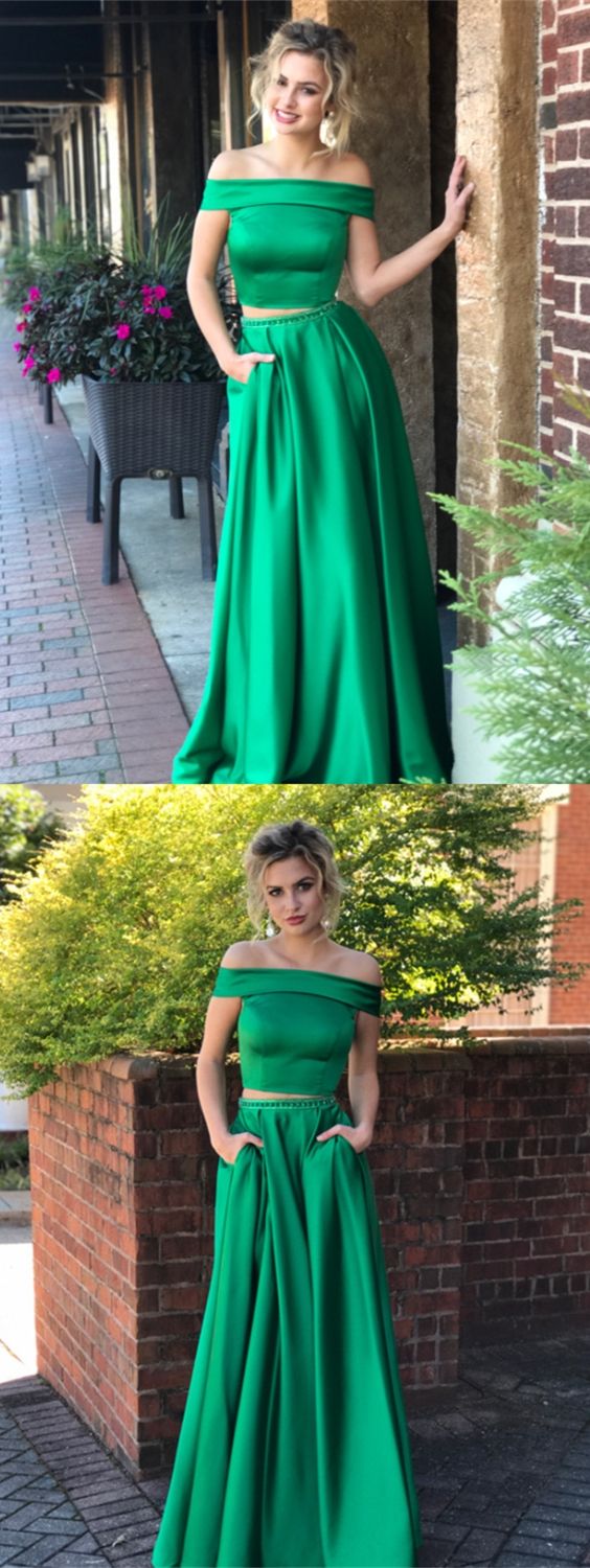 Short A-line Two Piece Off The Shoulder Satin Prom Dresses with Pockets main image 1