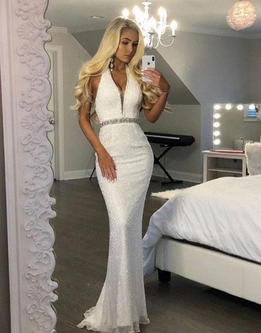 White V Neck Sequins Long Prom Dress, Mermaid Evening Dress M2105