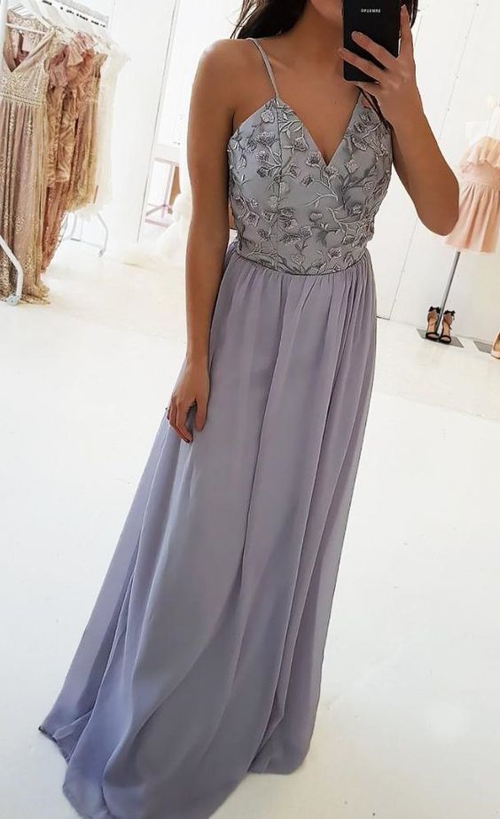 A-line Spaghetti Straps Floor-length Lilac Stretch Satin Prom Dress With Lace M2138