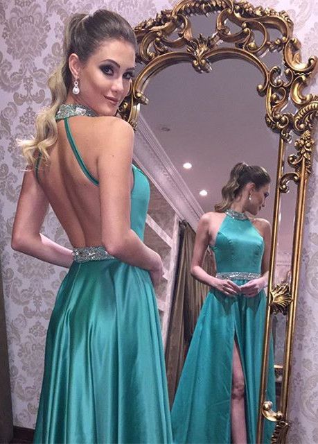 A-line High Neck Backless Long Turquoise Satin Prom Dress With Beading Split M2171