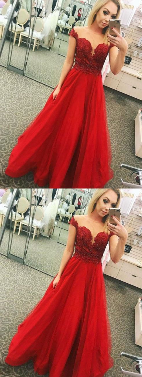 A-line Off-the-shoulder Floor-length Red Prom Dress With Appliques Beading M2249