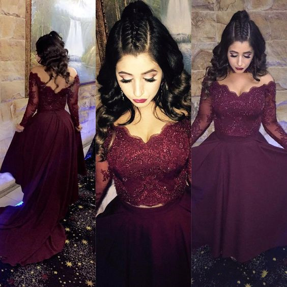 2018 Burgundy Lace Long Sleeve Formal Evening Dresses V Neck Crystal High Low Arabic Evening Gowns Sleeves Two Piece Prom Dress Party Gowns M2281