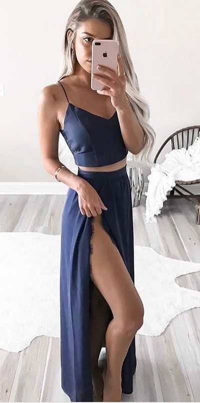 Two Piece Navy Blue Long Prom Dress With Slit M2313