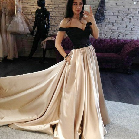 A-line Off The Shoulder Court Train Champagne Beaded Prom Dress With Pockets M2383
