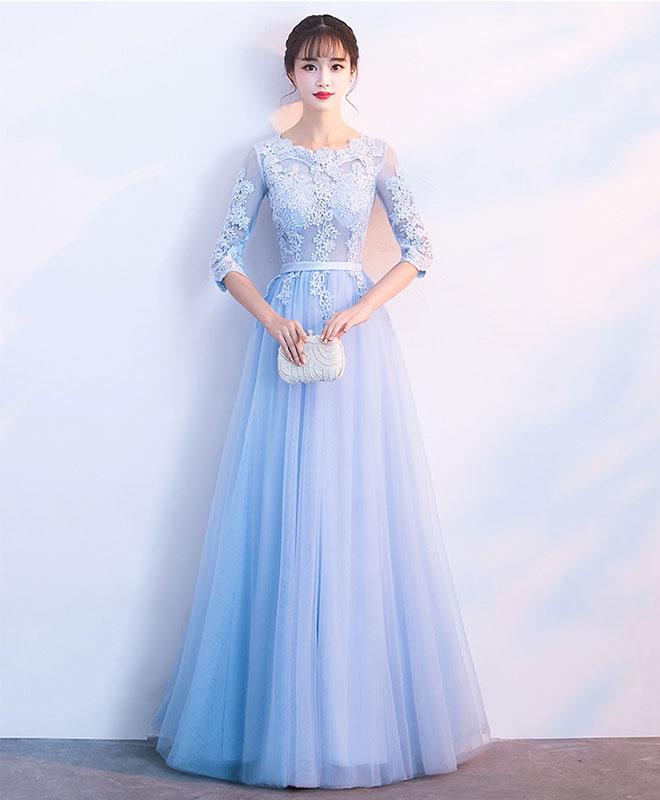 Blue Tulle Lace Long Prom Dress, Blue ...
