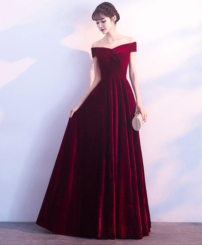 Burgundy V Neck Velvet Long Prom Dress, Evening Dress M2435