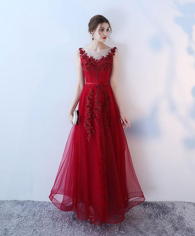 Burgundy Tulle Lace Long Prom Dress, Evening Dress M2439