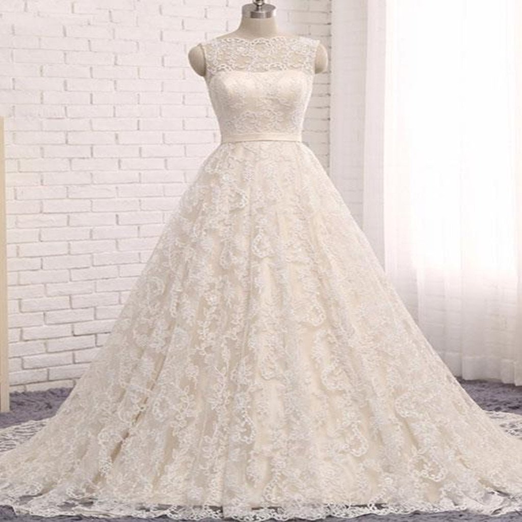 Amazing A Line Lace Tulle Long Prom Dress, Trailing Sleeveless V-back Wedding Dress, M2470