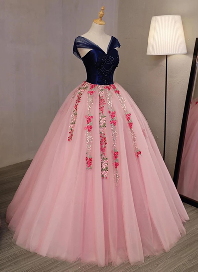 Pink Emboridery Tulle V Neck Long Beaded Evening Dress, Navy Blue Appliques Prom Dress M2507