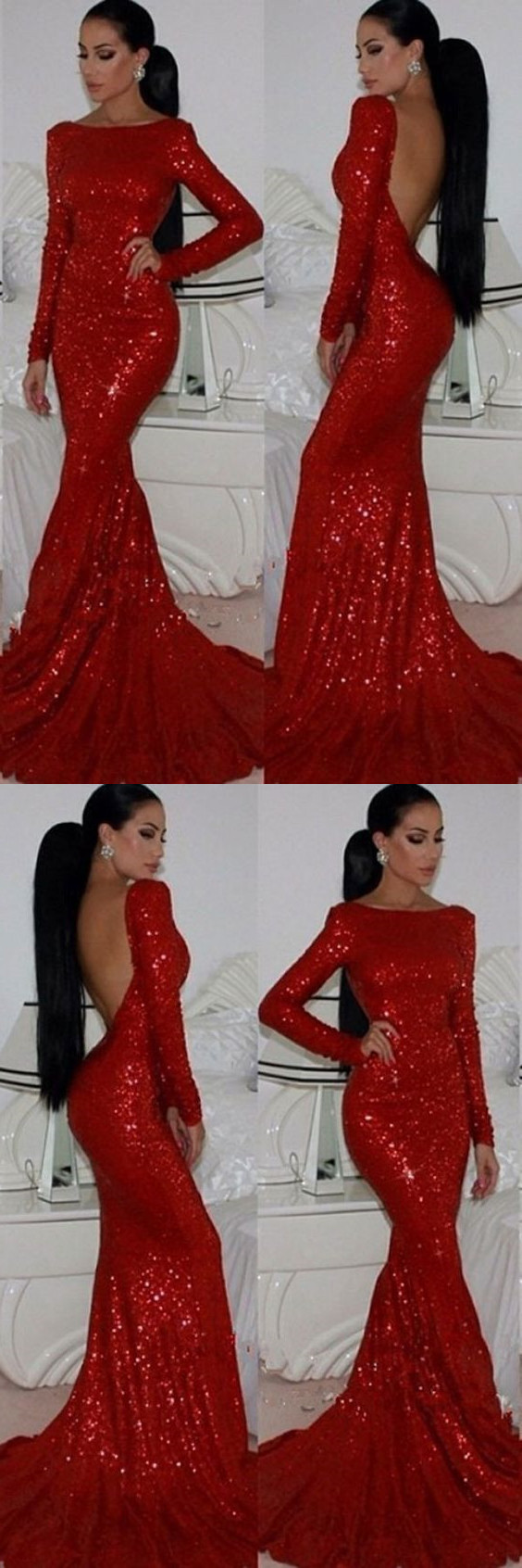 Mermaid Hot Red Prom Dress, Long Sleeve Backless Prom Dress With ...