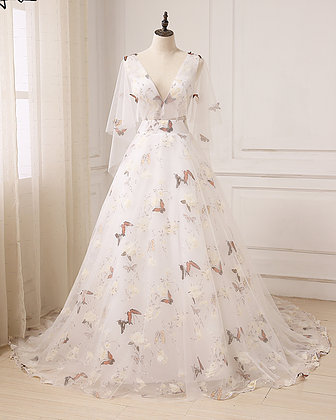 Unique Ivory Floral Print Tulle Long V Neck Sweet 16 Prom Dress With Sleeves M2586