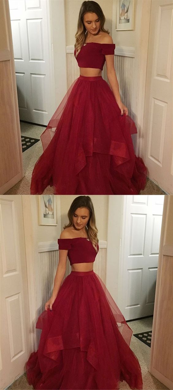 Two Piece Off-the-Shoulder Short Sleeves Burgundy Prom Dress M2676 on ...