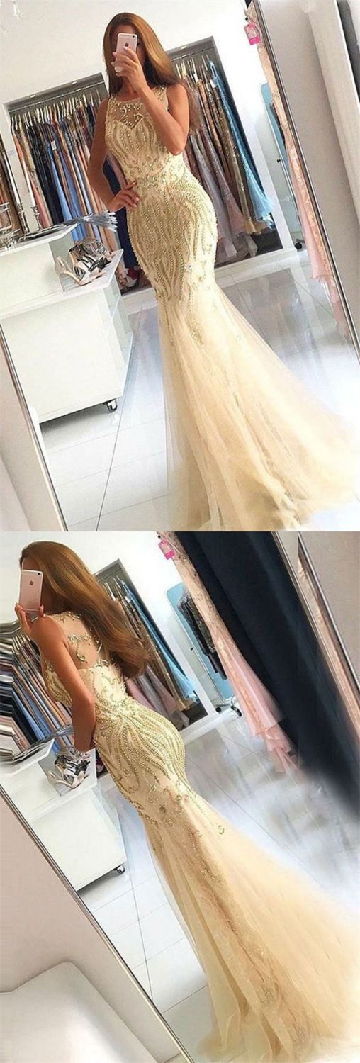 Champagne Crew Sweep-length Mermaid Tulle Prom Dresses