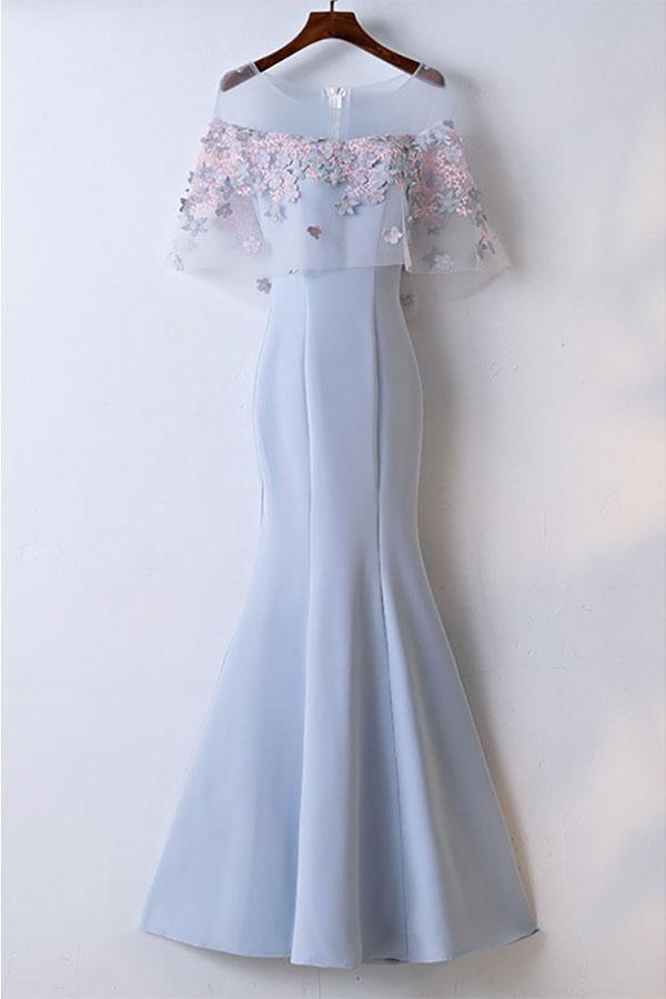 Pretty Sky Blue Mermaid Long Prom Dress With Lace Flowers M2706