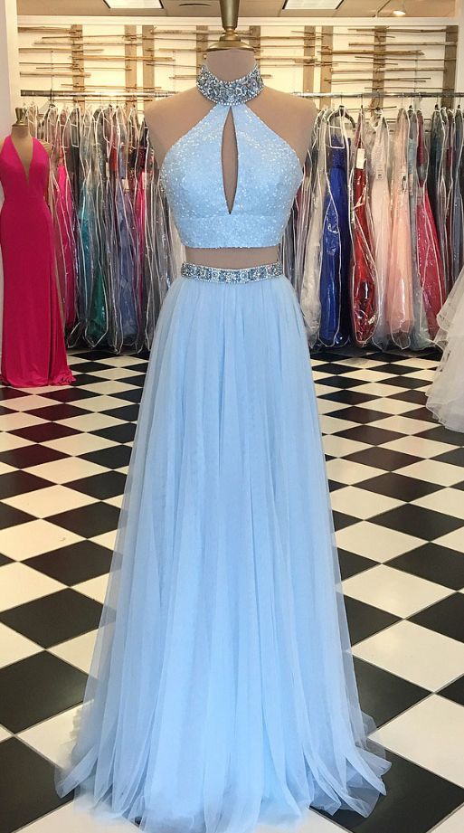 Light Blue Beaded Prom Dress,High Neck Two Piece Prom Dresses,Split ...