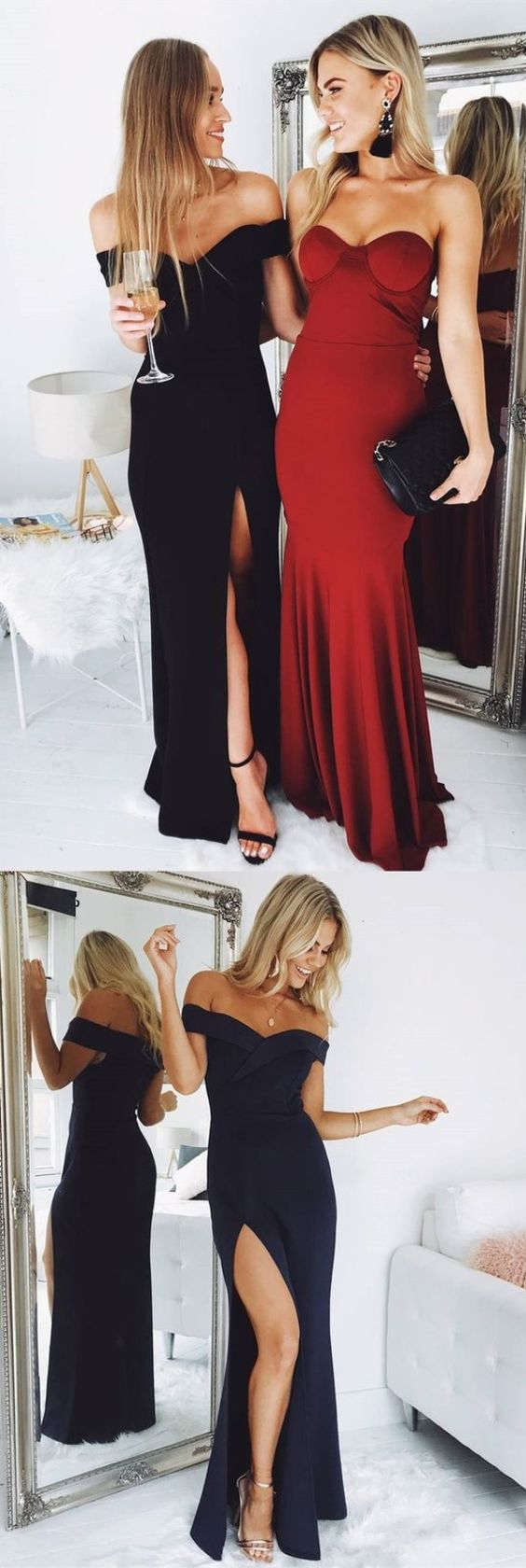 Sexy Off The Shoulder Black Long Prom Dresses, Fashion Leg Split Party Dress For Teens, Stain Evening Gowns M2849