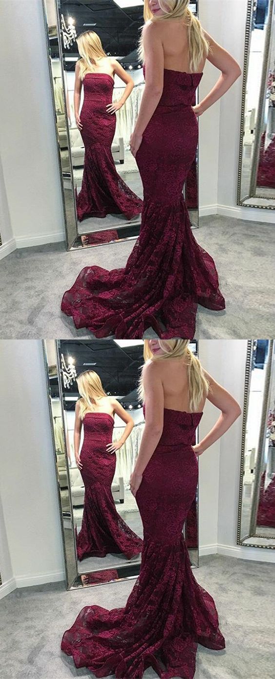 Mermaid Prom Party Dresses, Chic Burgundy Strapless Evening Gowns For Formal Occasion M2852