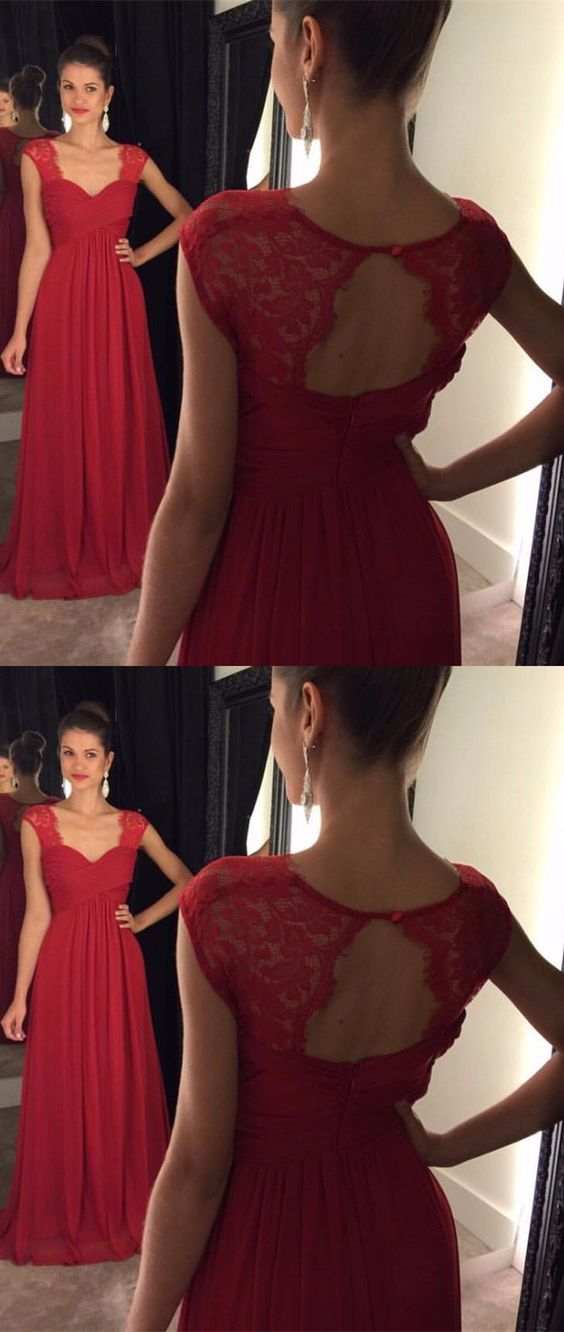 Dark Red Long Formal Dresses, Fashion Prom Party Dresses With Open Back Cap Sleeves, Dreamy Gowns M2855