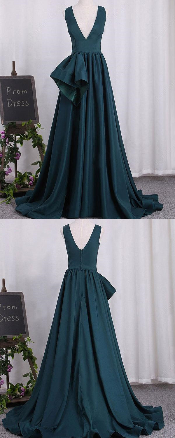 Chic Hunter Green Prom Dresses V-Neck Satin Long 2018 Pageant Gowns ...