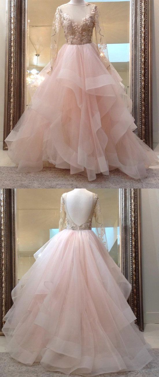 Unique Champagne Pink Tulle Lace Long Prom Dress, Pink Evening Dress M2931