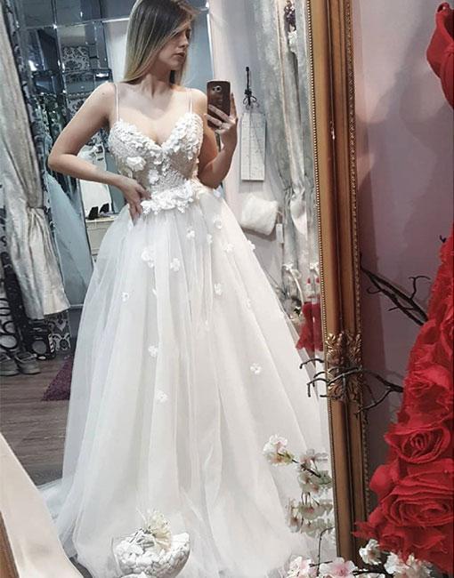 White Sweetheart Neck Lace Applique Long Prom Dress, Evening Dress M2948