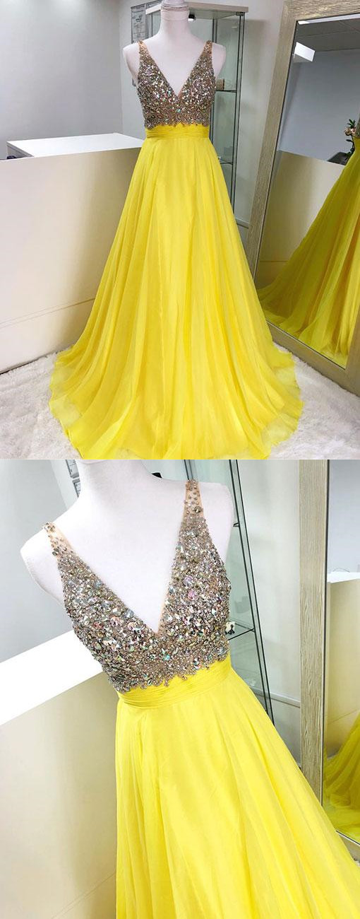 Yellow V Neck Chiffon Beaded Long Prom Dress, Yellow Evening Dress ...