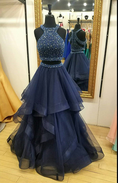 Charming Navy Blue Prom Dress,two Piece Prom Dresses,ball Gown Prom Dress,long Party Dresses, 2 Piece Prom Dress, Beading Prom Dress M2976