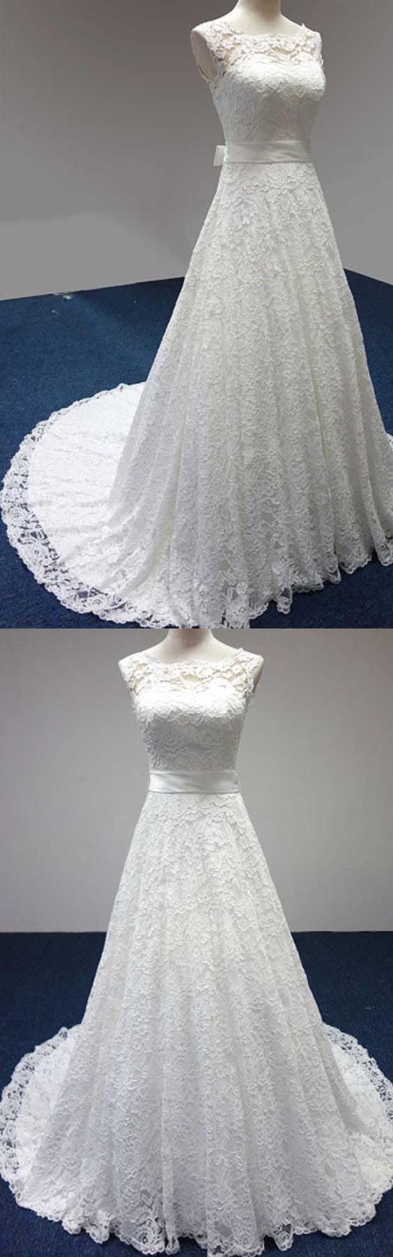 Bateau A-line Lace Sash Bowknot Sleeveless Wedding Dress M2981