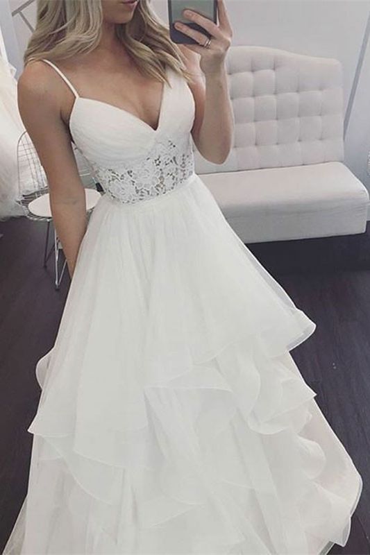 V-neck Spaghetti Strap Lace A-line Wedding Dress Featuring Ruffle Skirt