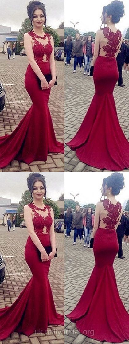 Tulle Silk-like Satin Scoop Neck Trumpet/mermaid Sweep Train Appliques Lace Prom Dresses M3056