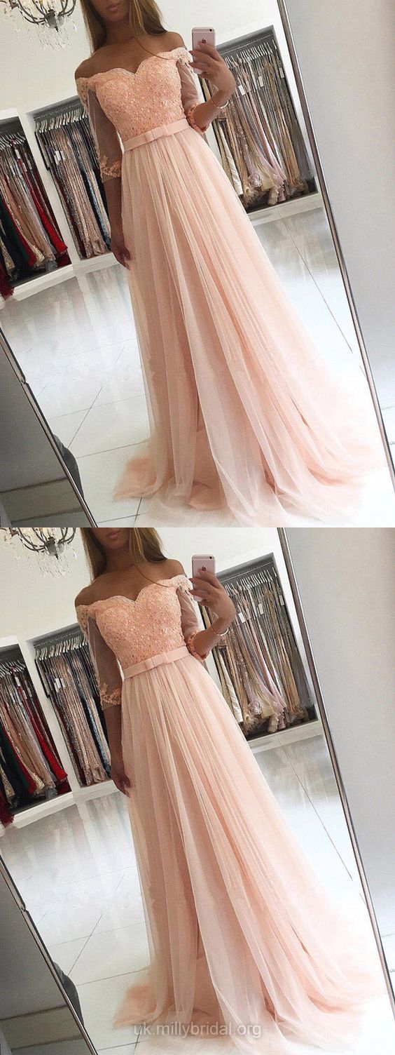 Tulle Off-the-shoulder A-line Floor-length Appliques Lace Prom Dresses M3059