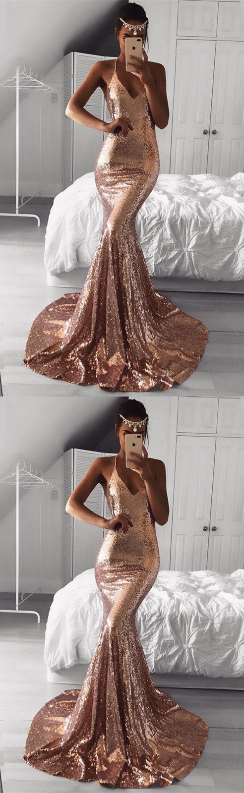 Long Rose Gold Sequins Prom Dresses Mermaid V Neck Evening Gowns M3093 On Luulla 5773