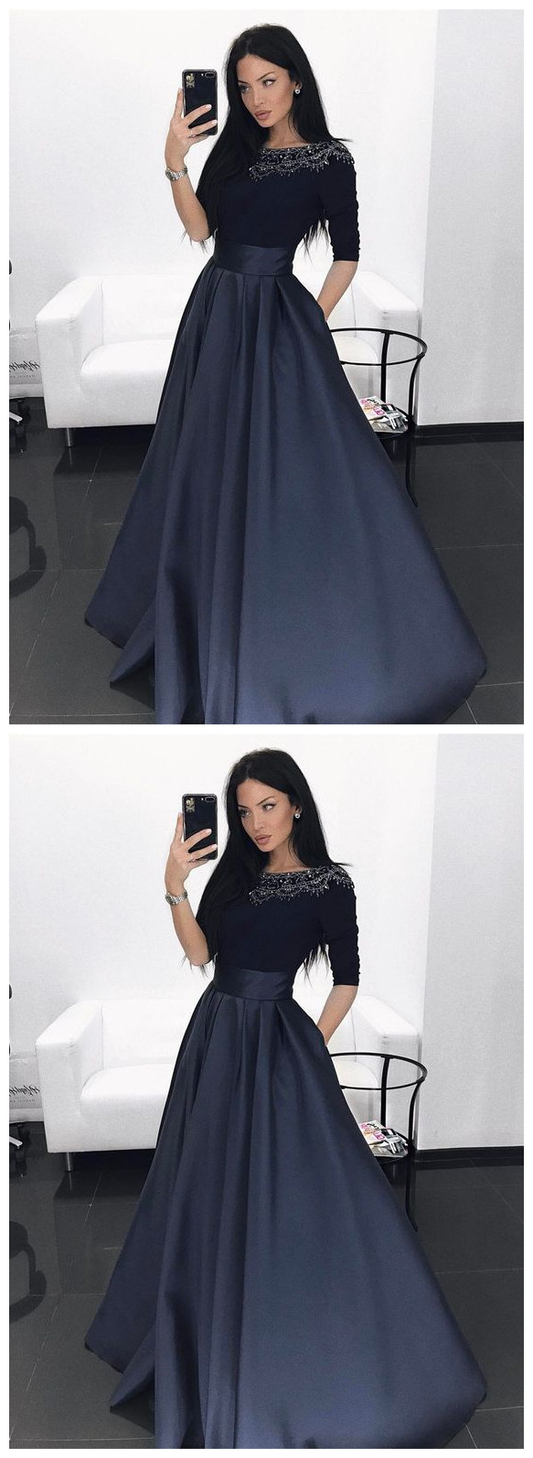 Prom Dress, Elegant Navy Prom Party Dresses With Half Sleeves Beaded, Fashion Ball Gowns For Evening Party M3136
