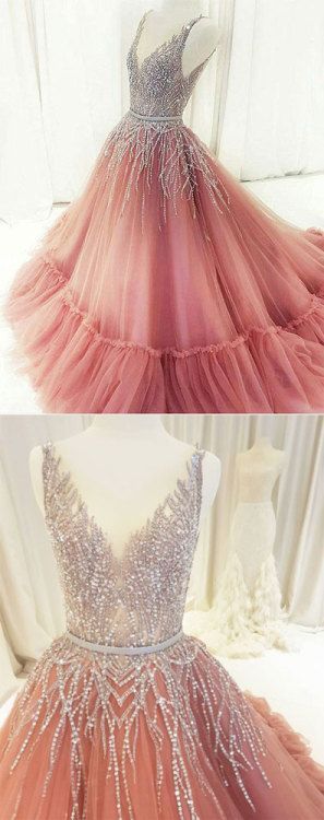 Unique V Neck Tulle Beaded Long Prom Dress, Pink Evening Dress, Pink Formal Dress M3262