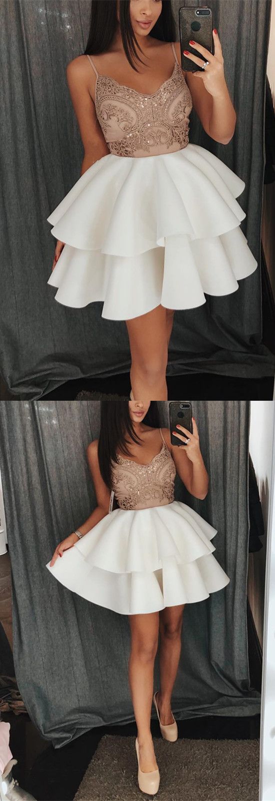 Champagne Lace Appliques V-neck Ruffles Homecoming Dresses Short Prom Gowns M3291