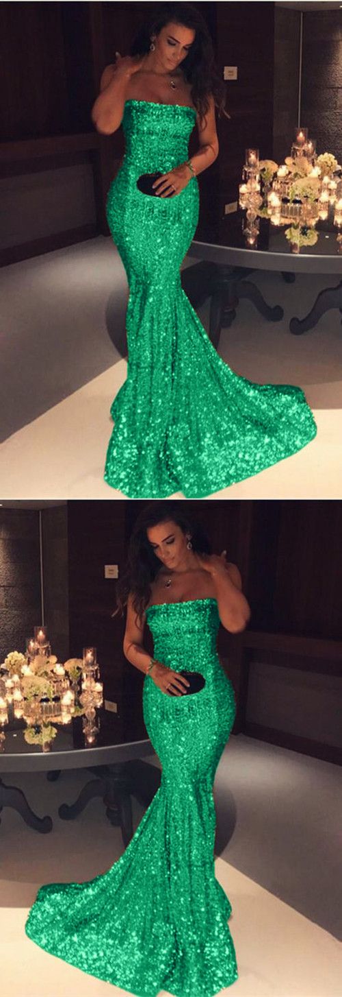 Green Sequin Prom Dresses Mermaid Strapless Evening Gowns M3339