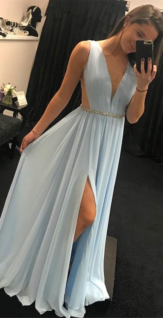 Light Sky Blue Long Prom Dress, Elegant V Neck Chiffon Long Prom Dress With Side Slit, Party Dress M3380