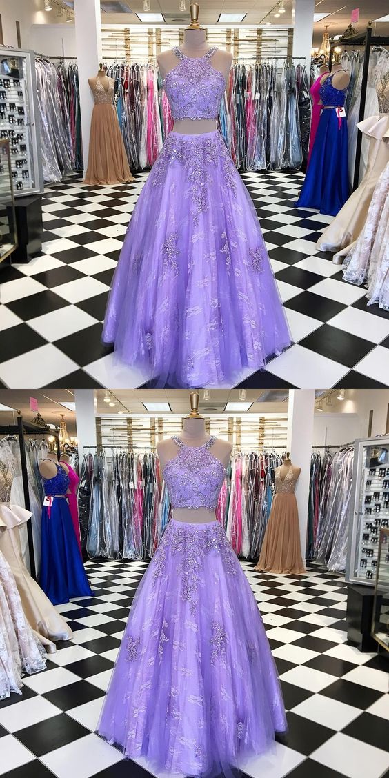 Two Piece Prom Dresses Halter Aline Tulle Long Chic Lace Lilac Prom Dress M3402