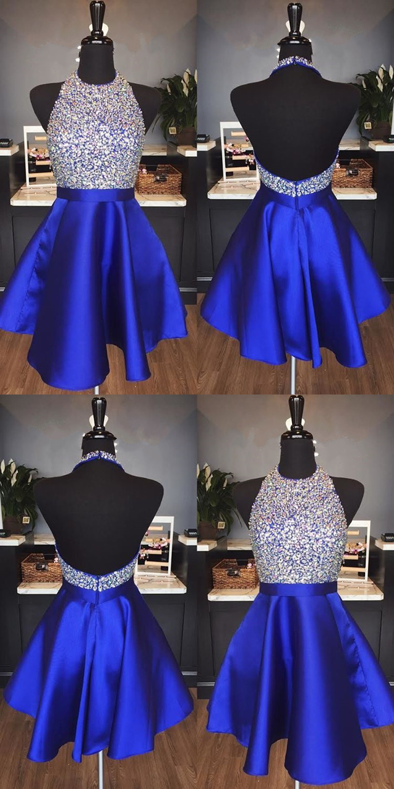 Simple Blue Organza Halter Layered Mini Prom Dress Homecoming Dress Y8089