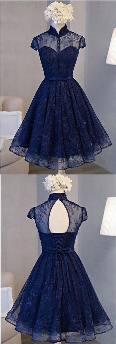 A Line Navy Blue Short High Neck Lace Open Back Cap Sleeve Mini Lace-up ...