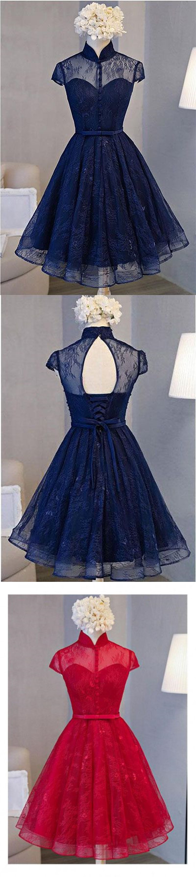 A Line Navy Blue Short High Neck Lace Open Back Cap Sleeve Mini Lace-up ...