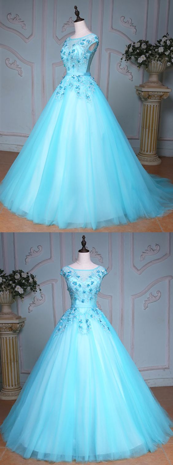 Blue Tulle Scoop Neck Long Winter Formal Prom Dress, Long Beaded Evening Dresses M3442