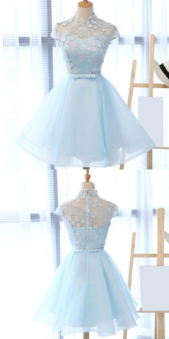 A-line High Neck Blue Tulle Homecoming Dress With Sash Appliques M3475