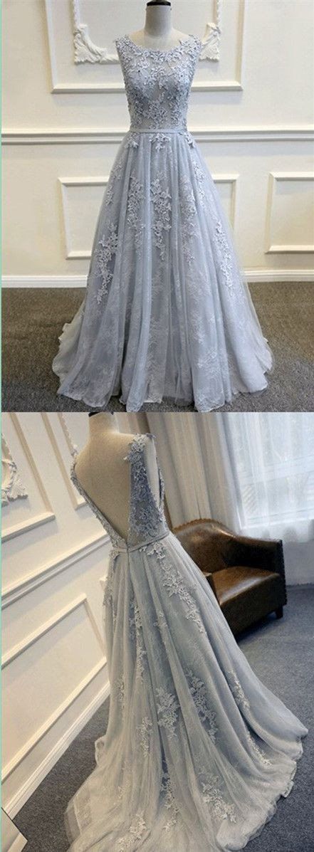 Gray V-back Scoop Tulle Lace Appliques Party Evening Prom Dresses M3493
