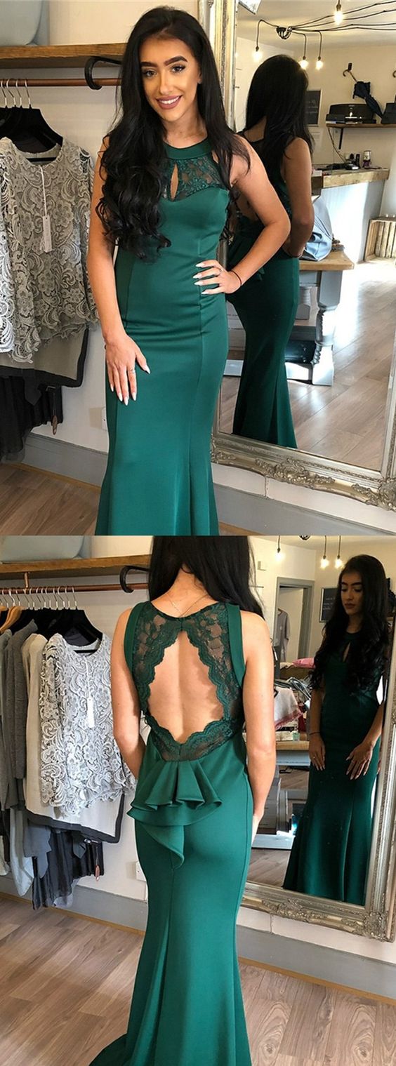 V Neck Open Back Dark Green Lace Beaded Long Prom Dresses, Dark Green Lace Formal Dresses, Dark Green Evening Dresses EP1742 main image 0