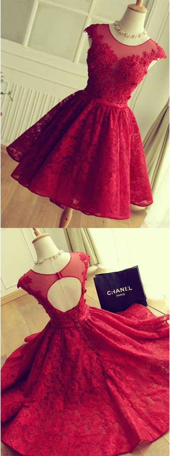 A-line Crew Cap Sleeves Red Lace Homecoming Dress With Appliques M3521