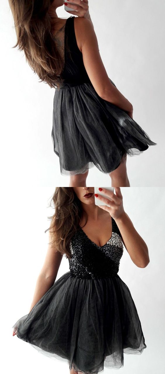 A-line V-neck Black Tulle Short Homecoming Dress With Sequins M3525