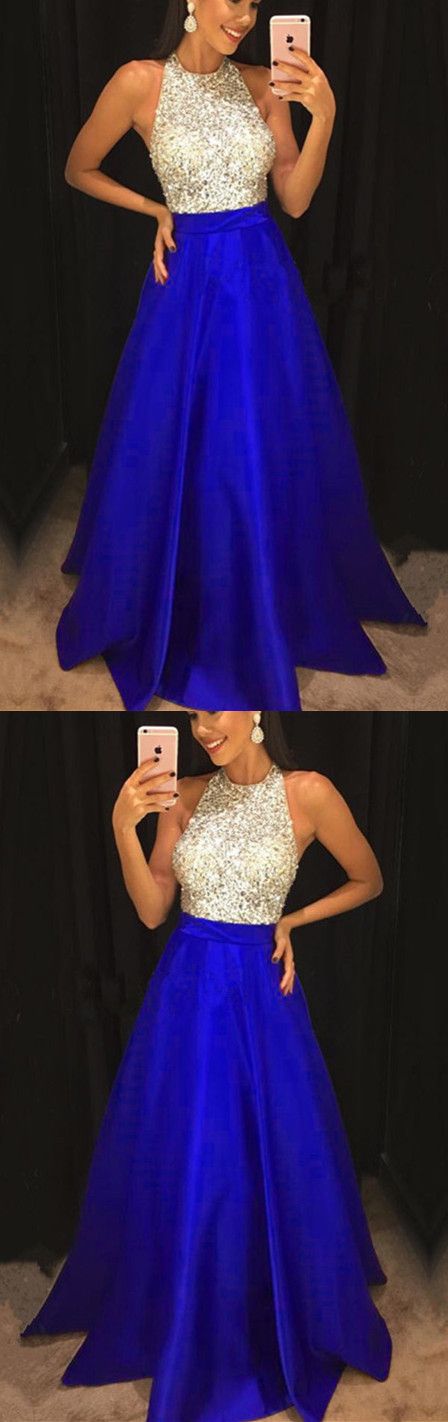 Sparkly Sequins Beaded Halter Long Satin Prom Dresses 2018 M3533
